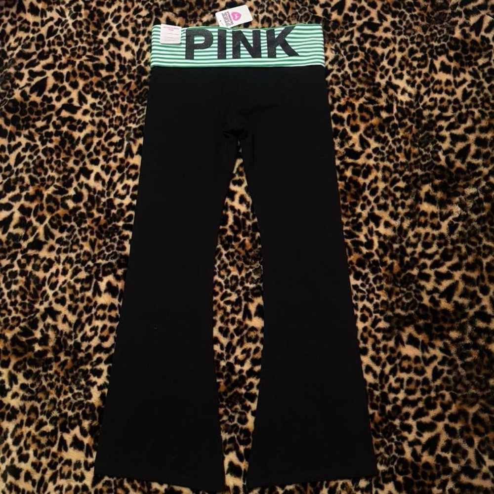 PINK Victoria's Secret Black and Green striped fold over Leggings